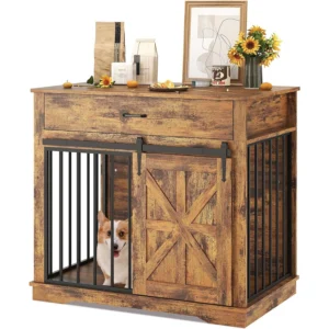 Heavy Duty Iron-Wood Dog Crate Furniture, 2-in-1 Kennel End Table