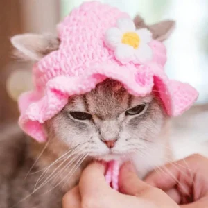 Knitted Pet Hat with Floral Trim for Cats and Small Dogs