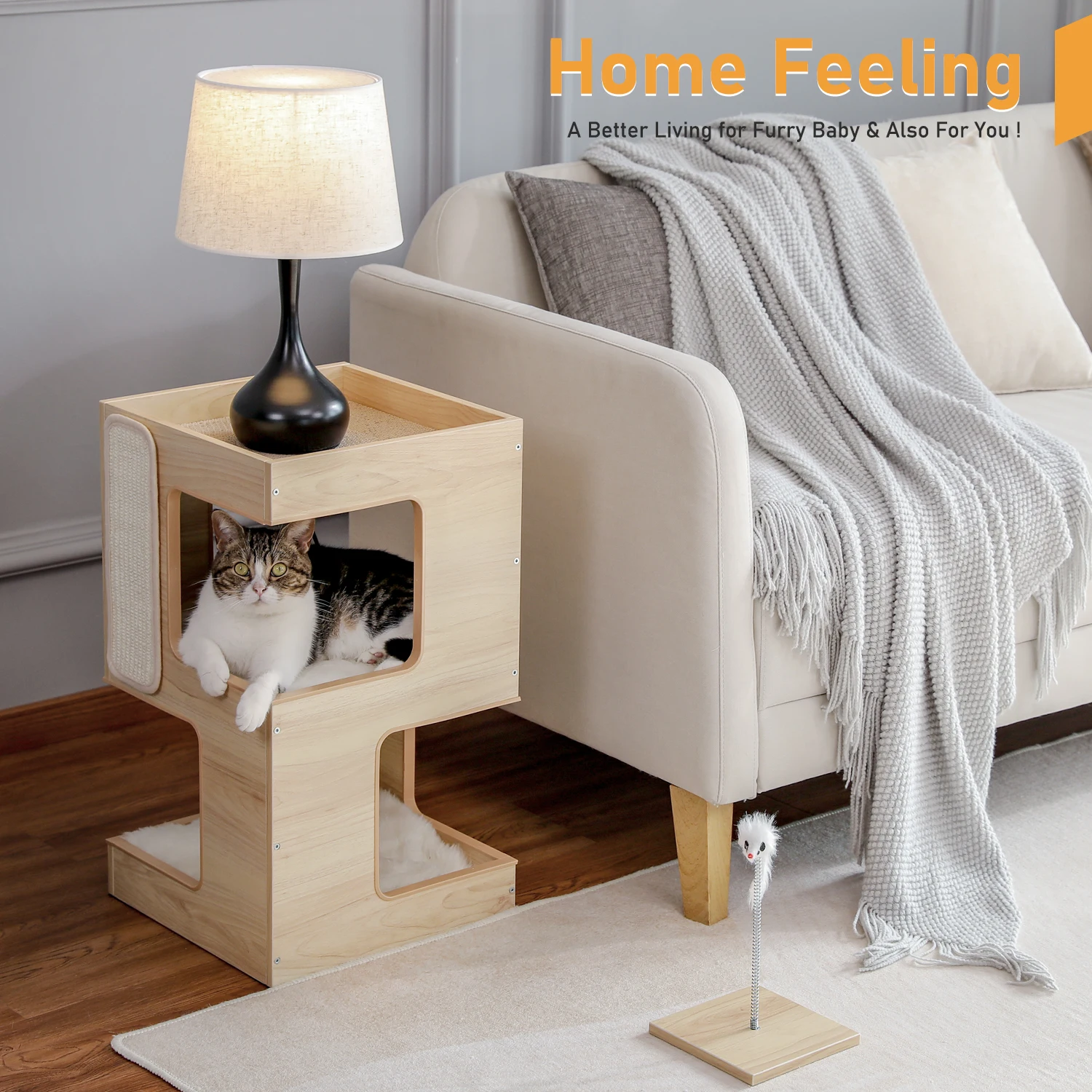 Wood Cat Condo House Bed with Removable Soft Mats Modern Cat Tree Tower with Scratching Pad Cat Scratcher Furniture Kitten Toys - Image 4