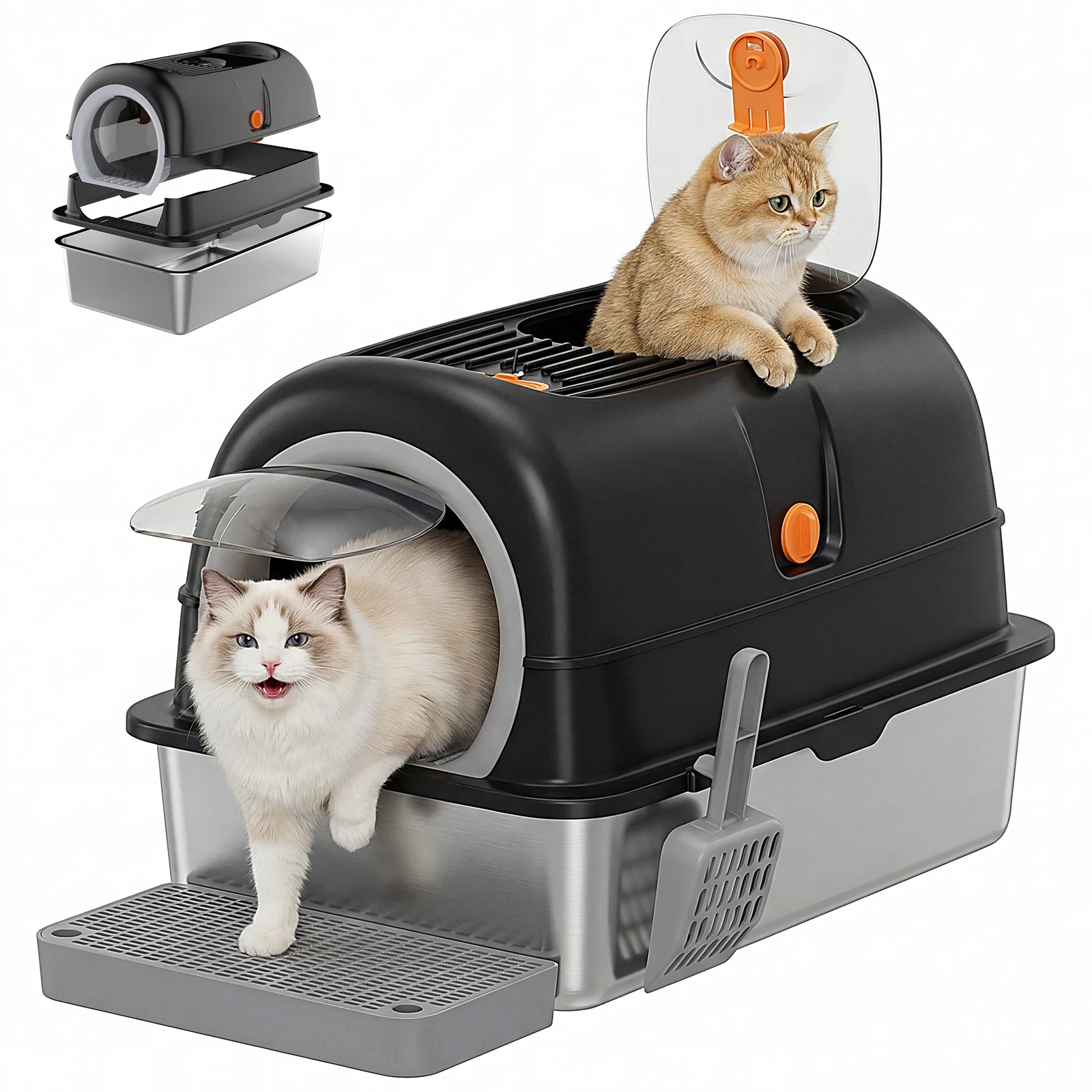 JHK 24IN Stainless Steel Cat Litter Box with Fully Enclosed 30L Large Cat Litter Box for Big Cats Cat Box Scoop and Mat Included - Image 7
