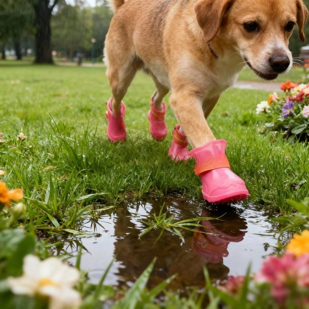 Waterproof Silicone Dog Shoes with Cartoon Pattern, Adjustable Straps, Non-Slip Puncture - Image 1