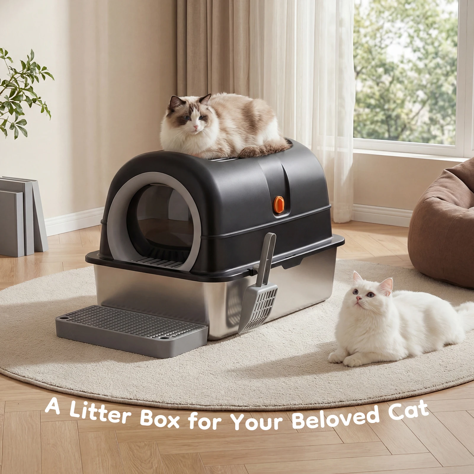JHK 24IN Stainless Steel Cat Litter Box with Fully Enclosed 30L Large Cat Litter Box for Big Cats Cat Box Scoop and Mat Included - Image 2