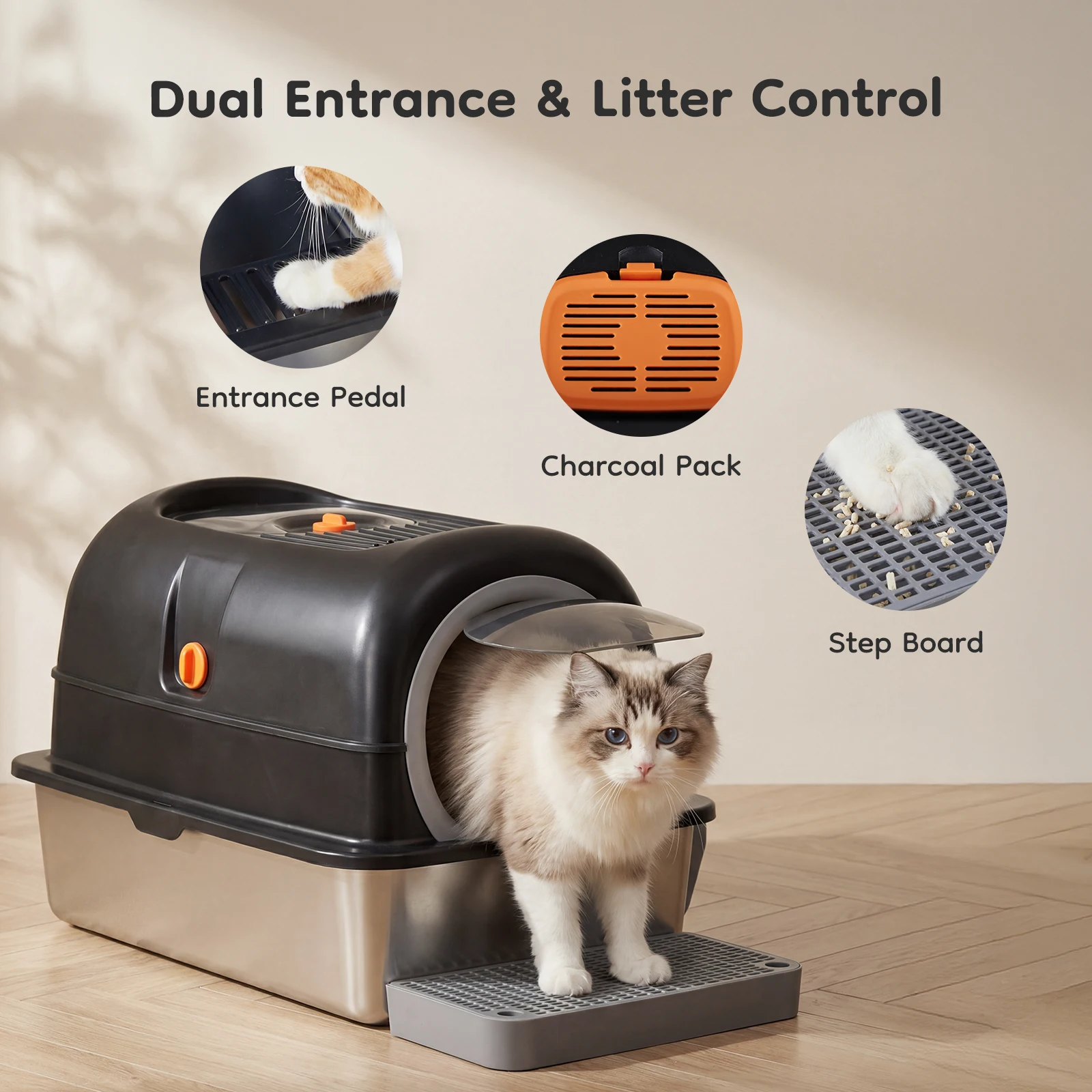 JHK 24IN Stainless Steel Cat Litter Box with Fully Enclosed 30L Large Cat Litter Box for Big Cats Cat Box Scoop and Mat Included - Image 1