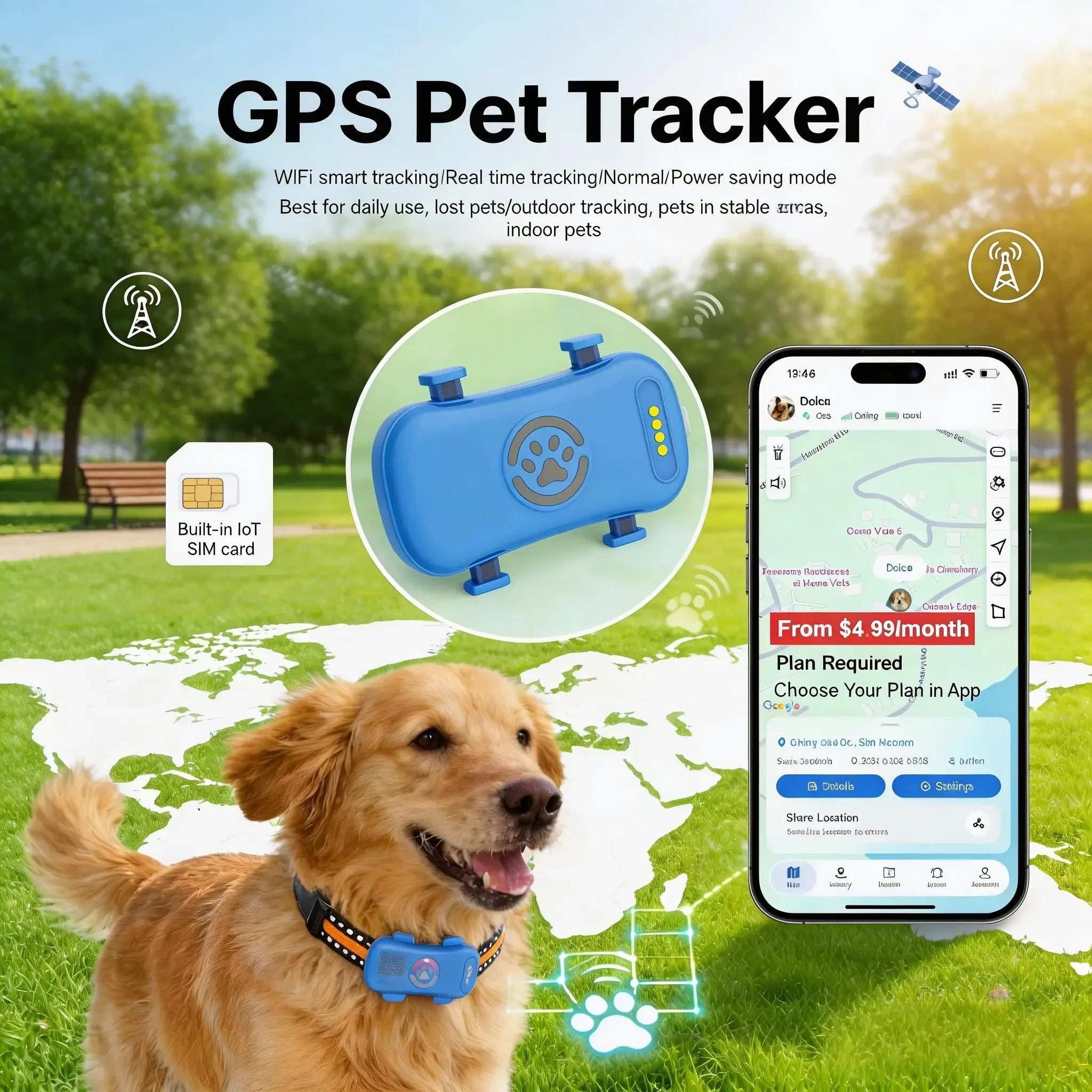GPS Pet Tracker 4G for Dogs & Cats Built-in SIM with Real-Time Tracking, WiFi Home Positioning, IP67 Waterproof, Plan Required - Image 1