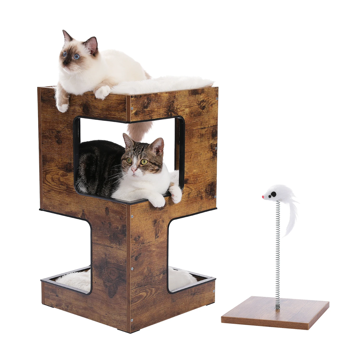 Wood Cat Condo House Bed with Removable Soft Mats Modern Cat Tree Tower with Scratching Pad Cat Scratcher Furniture Kitten Toys - Image 7
