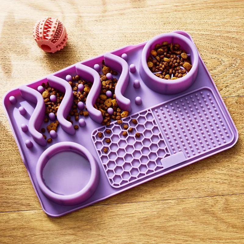 Silicone Slow Feeder Compartment Pet Mat, Purple, 12" x 8" - Image 1