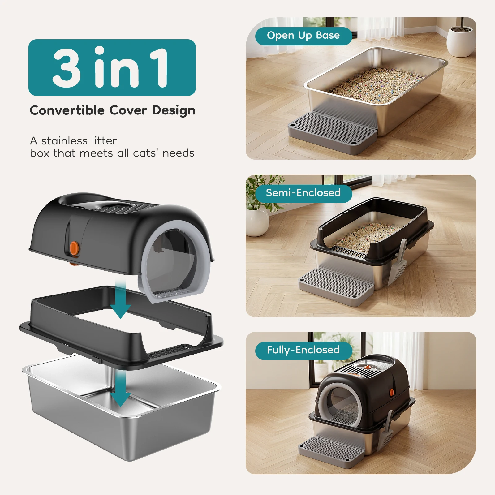 JHK 24IN Stainless Steel Cat Litter Box with Fully Enclosed 30L Large Cat Litter Box for Big Cats Cat Box Scoop and Mat Included - Image 3