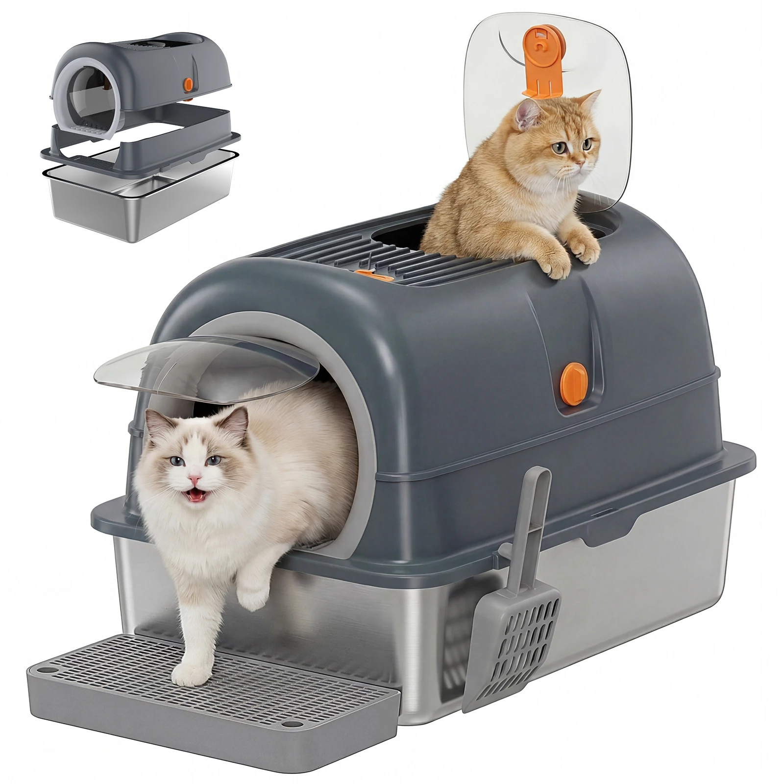JHK 24IN Stainless Steel Cat Litter Box with Fully Enclosed 30L Large Cat Litter Box for Big Cats Cat Box Scoop and Mat Included - Image 8