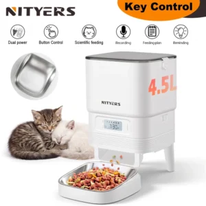 NITYERS 4.5L Automatic Cat Feeder, Timed Dog Food Dispenser with Stainless Steel Clog-Free Design, Voice Recorder,