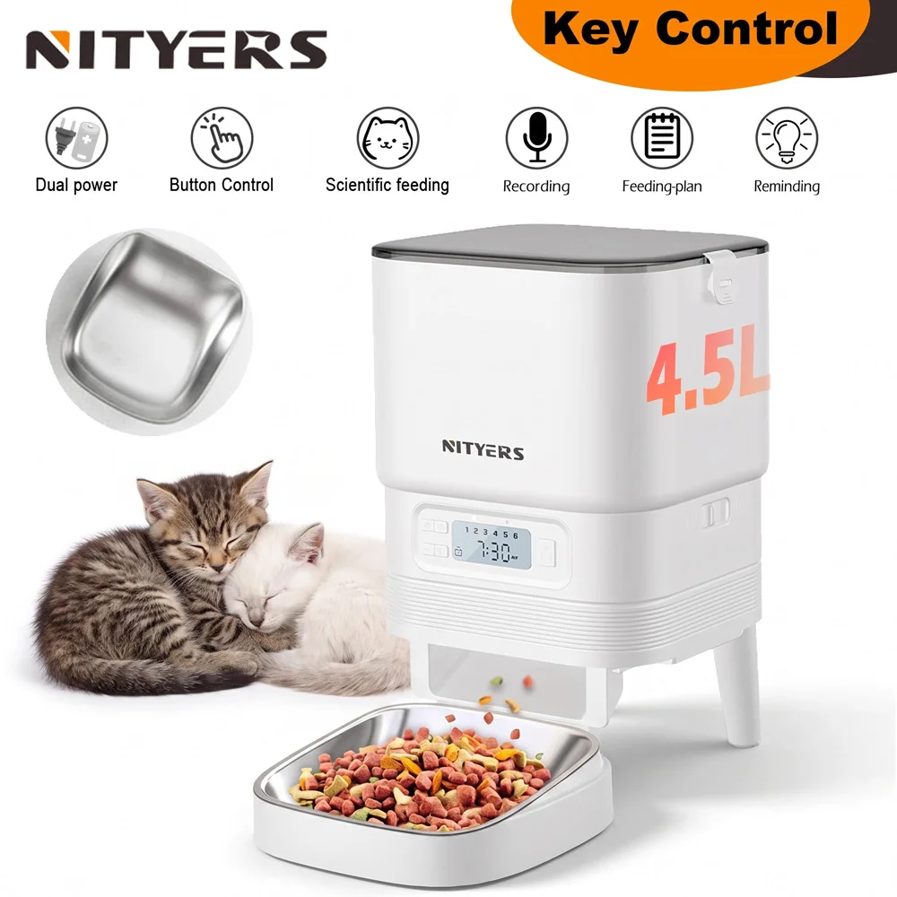 NITYERS 4.5L Automatic Cat Feeder, Timed Dog Food Dispenser with Stainless Steel Clog-Free Design, Voice Recorder, - Image 1
