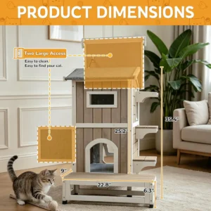Weatherproof Wooden Outdoor Cat House for Feral Cats with Insulated Lining, Multiple Cat Shelter with Open Roof, 4 Escape Doors and Balcony Feeding Station - Thumbnail Image 5