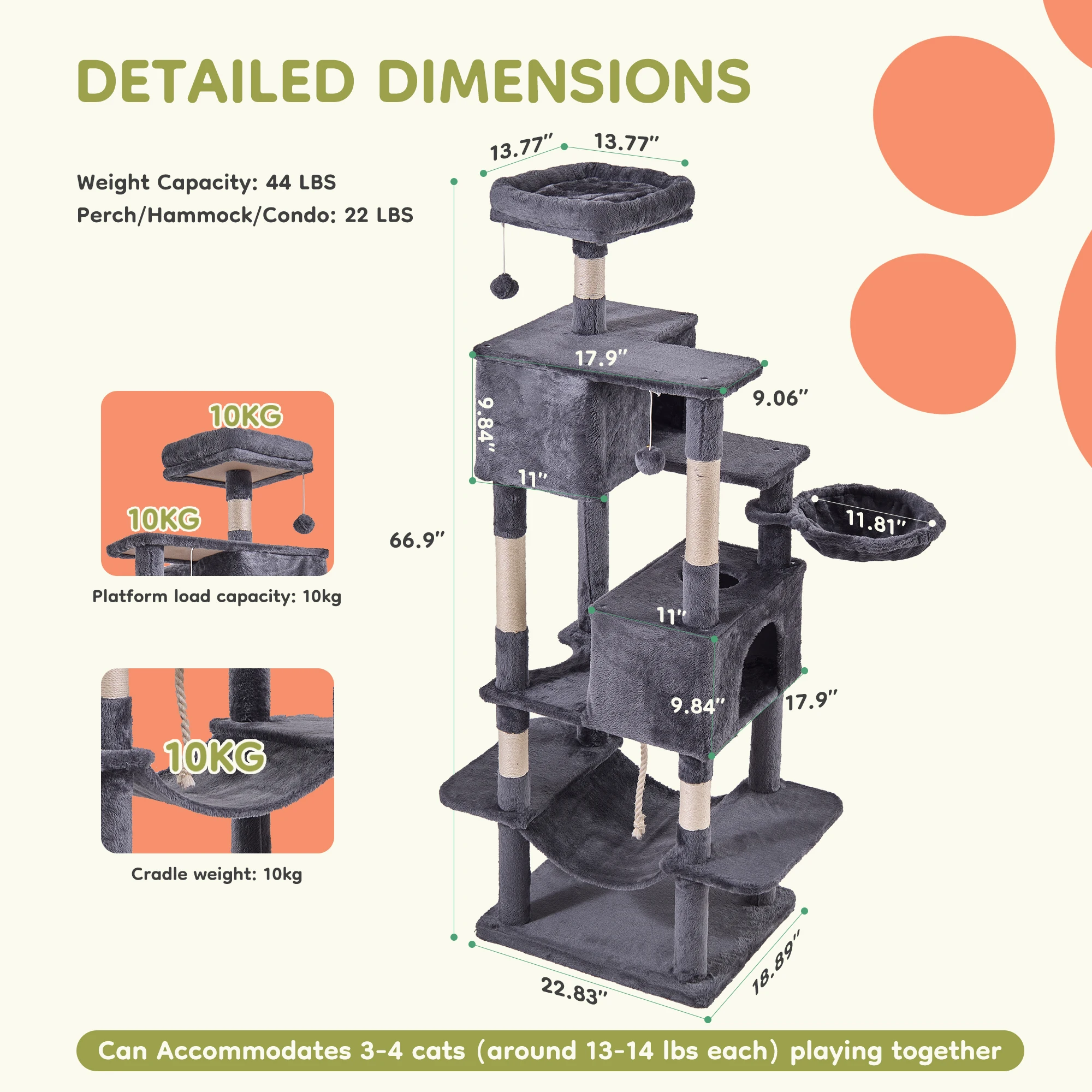 JHK Cat Tree Tower 66 Inch Large Multi Level Cat Climbing Tower with Condo Natural Sisal Scratching Posts Pet House for Indoor - Image 2