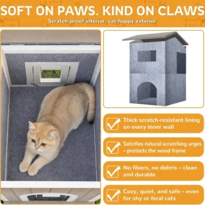Weatherproof Wooden Outdoor Cat House for Feral Cats with Insulated Lining, Multiple Cat Shelter with Open Roof, 4 Escape Doors and Balcony Feeding Station - Thumbnail Image 4