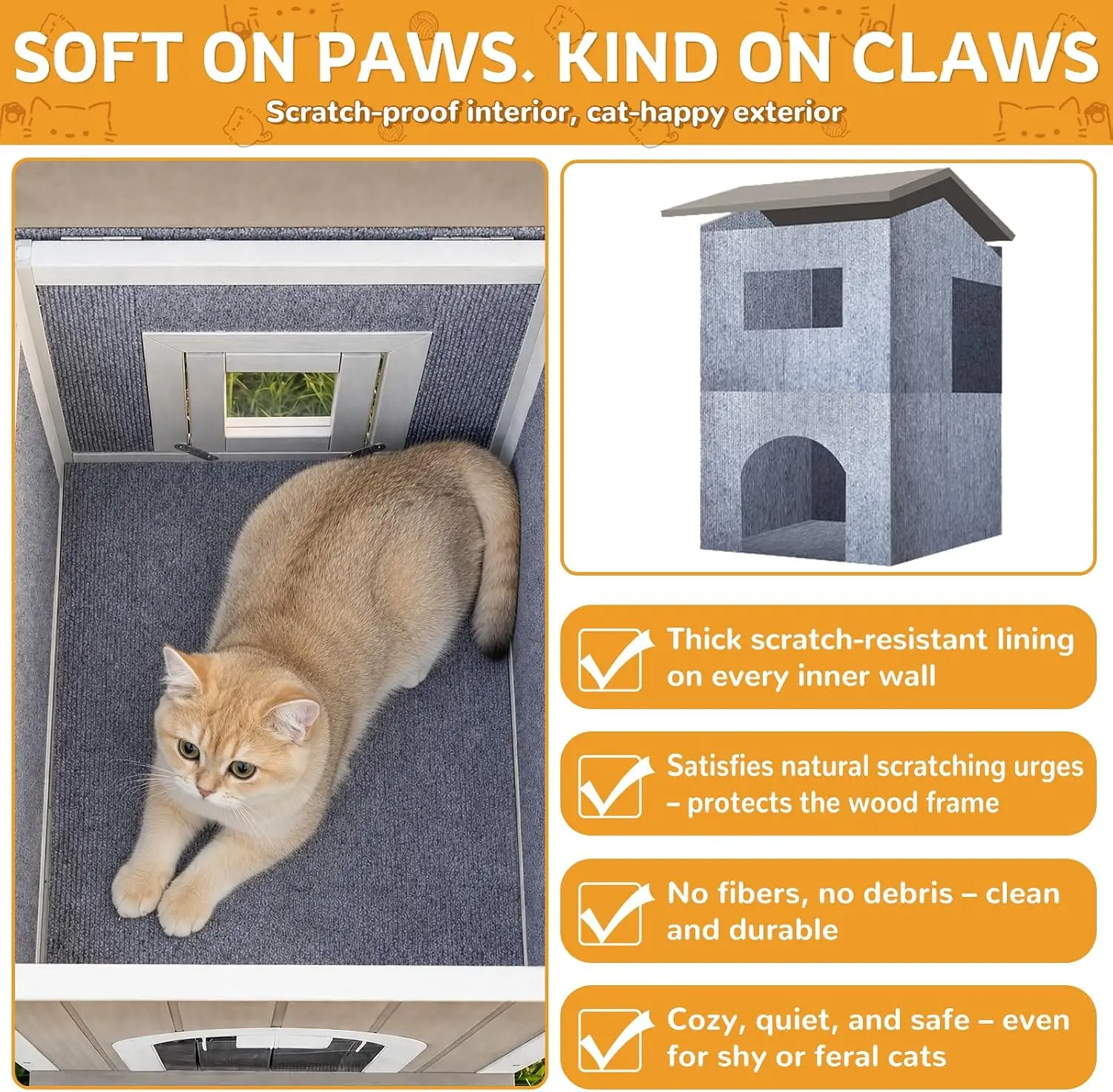 Weatherproof Wooden Outdoor Cat House for Feral Cats with Insulated Lining, Multiple Cat Shelter with Open Roof, 4 Escape Doors and Balcony Feeding Station - Image 4