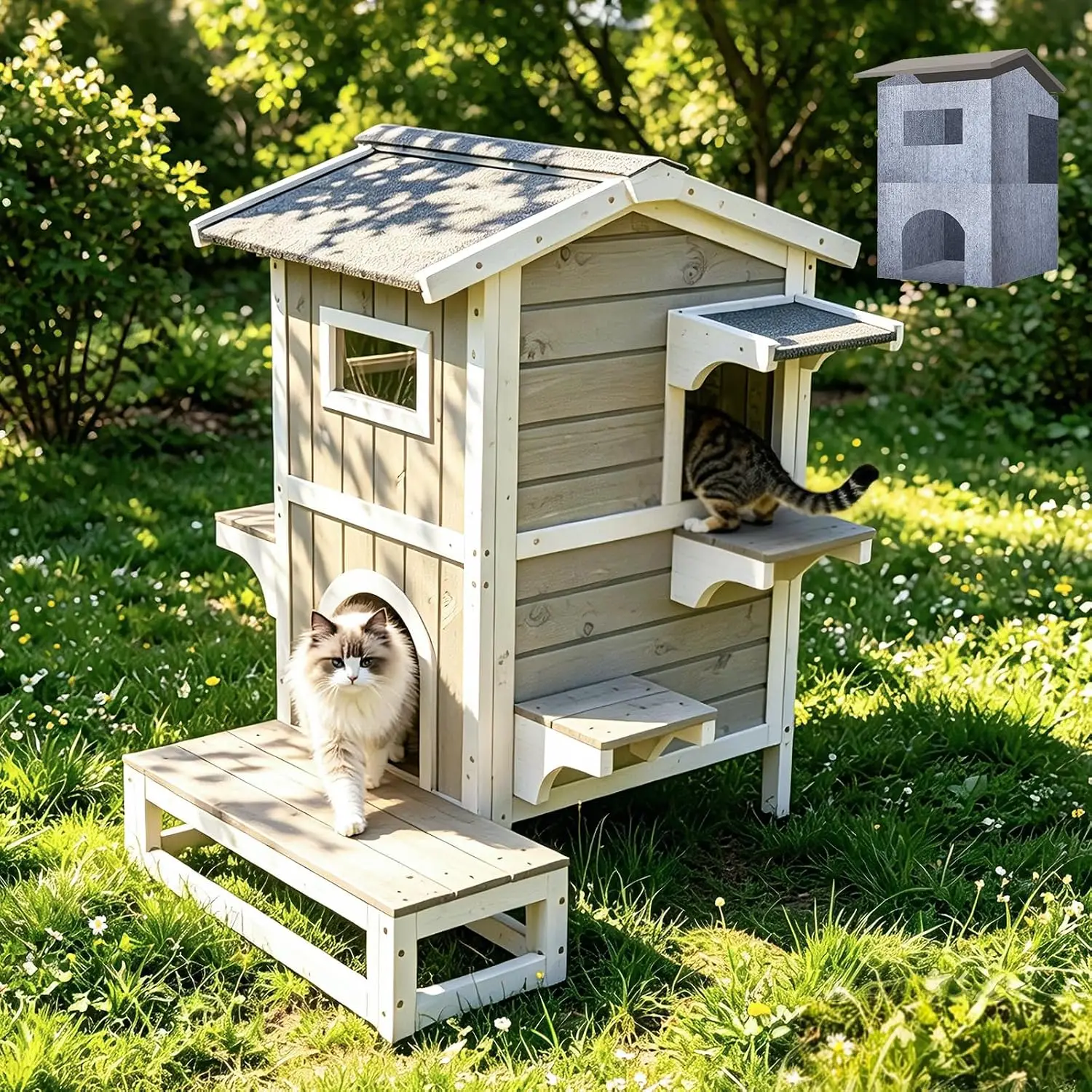 Weatherproof Wooden Outdoor Cat House for Feral Cats with Insulated Lining, Multiple Cat Shelter with Open Roof, 4 Escape Doors and Balcony Feeding Station - Image 1