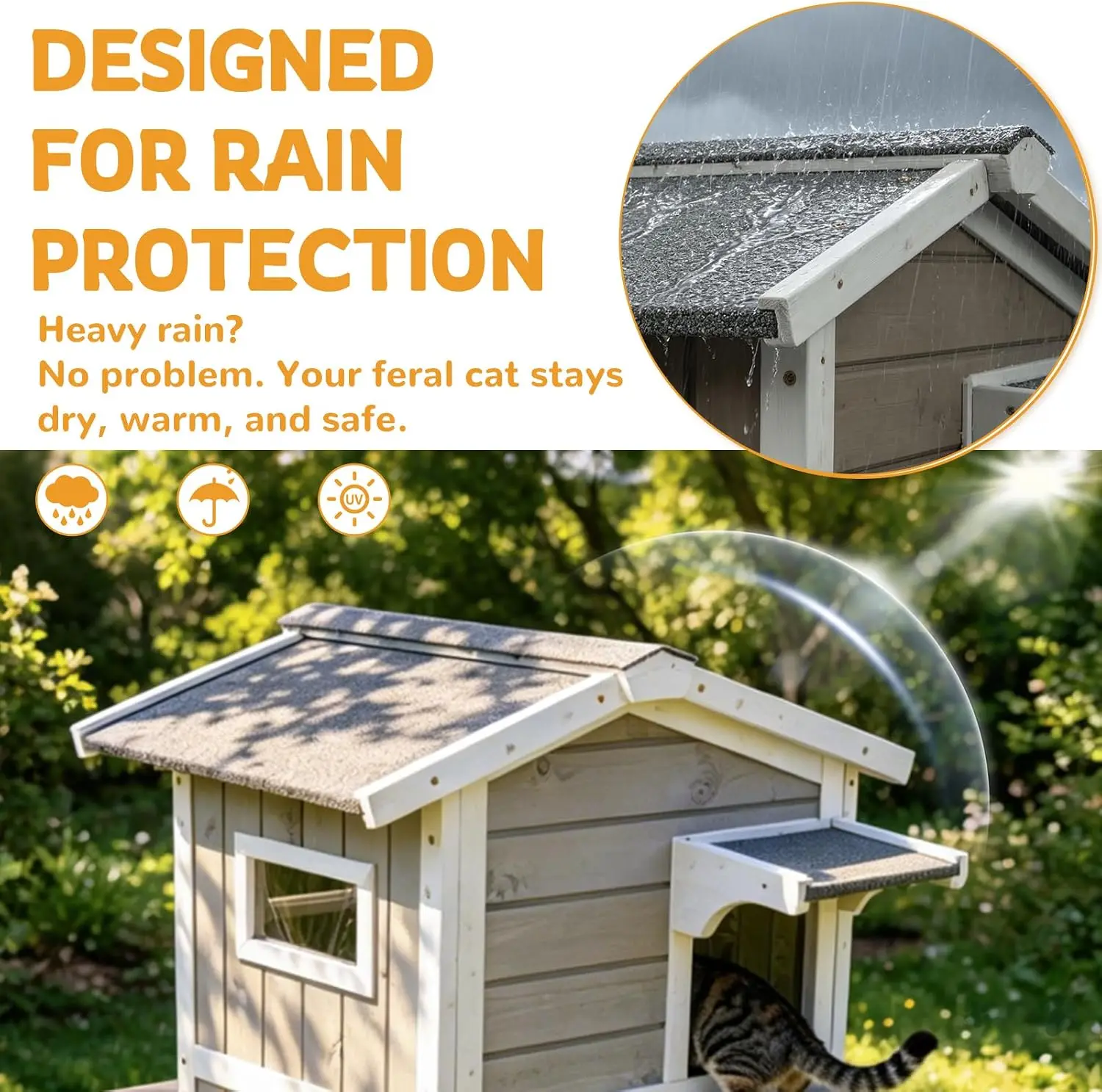 Weatherproof Wooden Outdoor Cat House for Feral Cats with Insulated Lining, Multiple Cat Shelter with Open Roof, 4 Escape Doors and Balcony Feeding Station - Image 2