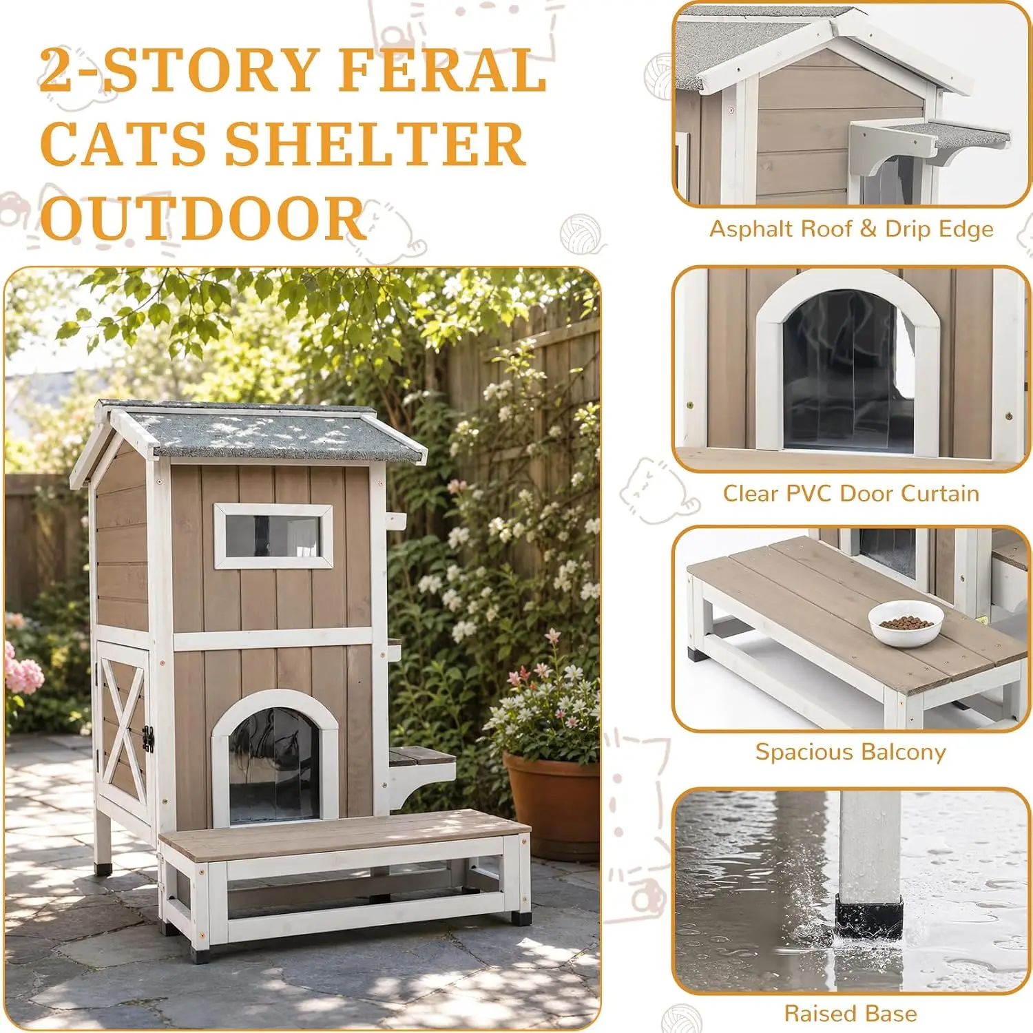 Weatherproof Wooden Outdoor Cat House for Feral Cats with Insulated Lining, Multiple Cat Shelter with Open Roof, 4 Escape Doors and Balcony Feeding Station - Image 6