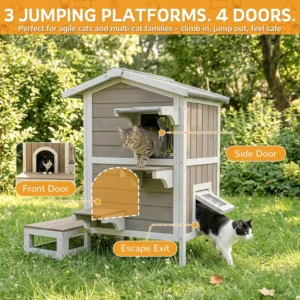 Weatherproof Wooden Outdoor Cat House for Feral Cats with Insulated Lining, Multiple Cat Shelter with Open Roof, 4 Escape Doors and Balcony Feeding Station - Thumbnail Image 3