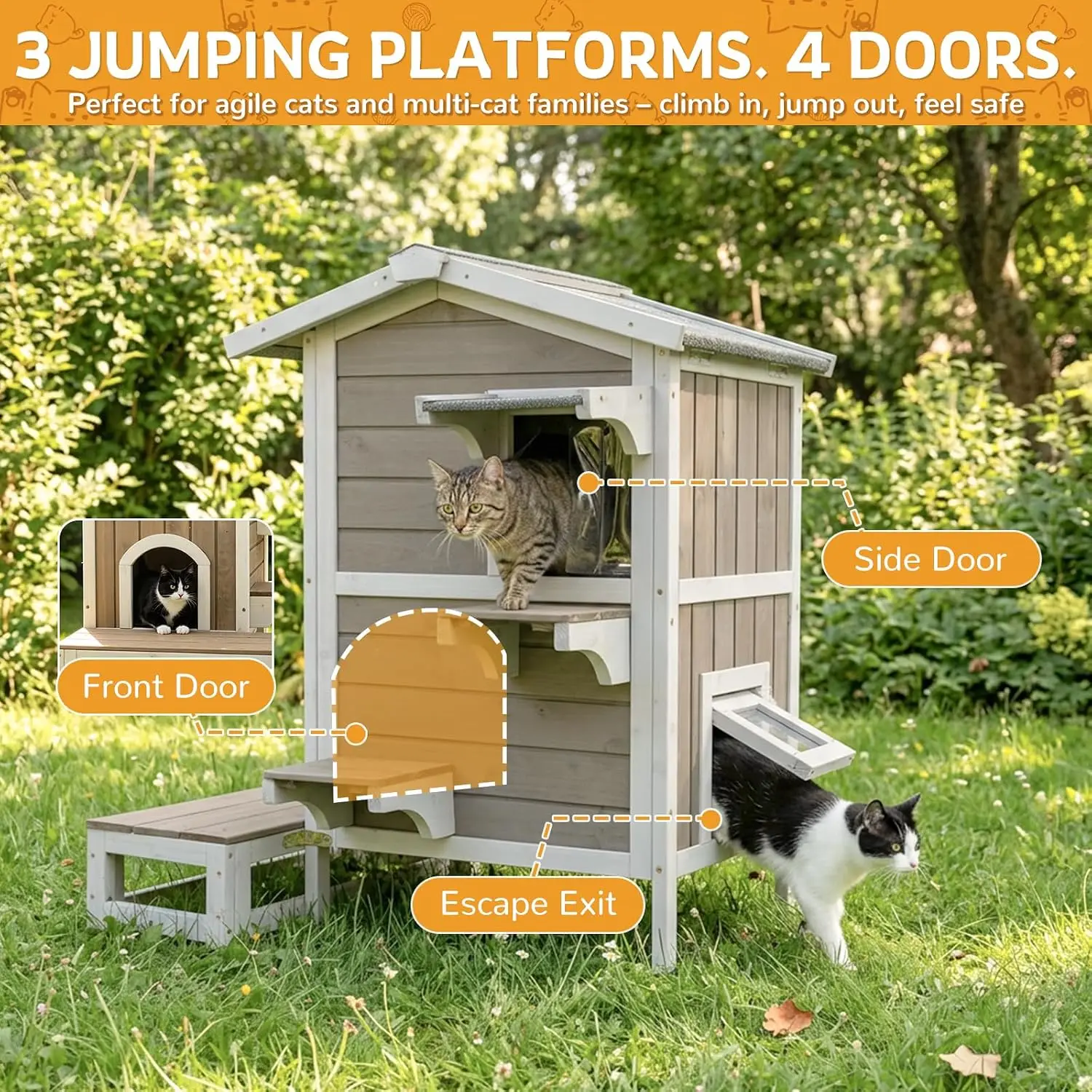 Weatherproof Wooden Outdoor Cat House for Feral Cats with Insulated Lining, Multiple Cat Shelter with Open Roof, 4 Escape Doors and Balcony Feeding Station - Image 3