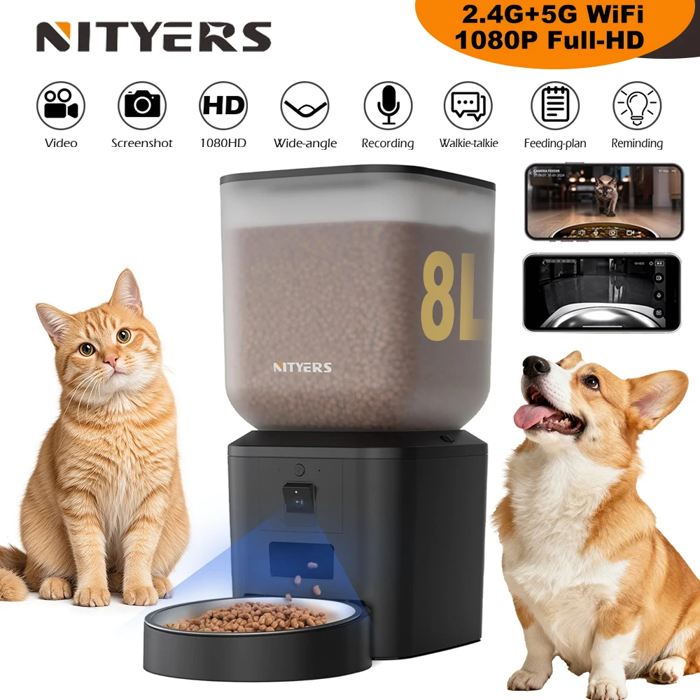 Nityers 8L Automatic Cat Feeder With 1080p Camera Video 5G WiFi Night Vision Cat Food Dispenser Smart Tuya APP Pet Auto Feeder - Image 1